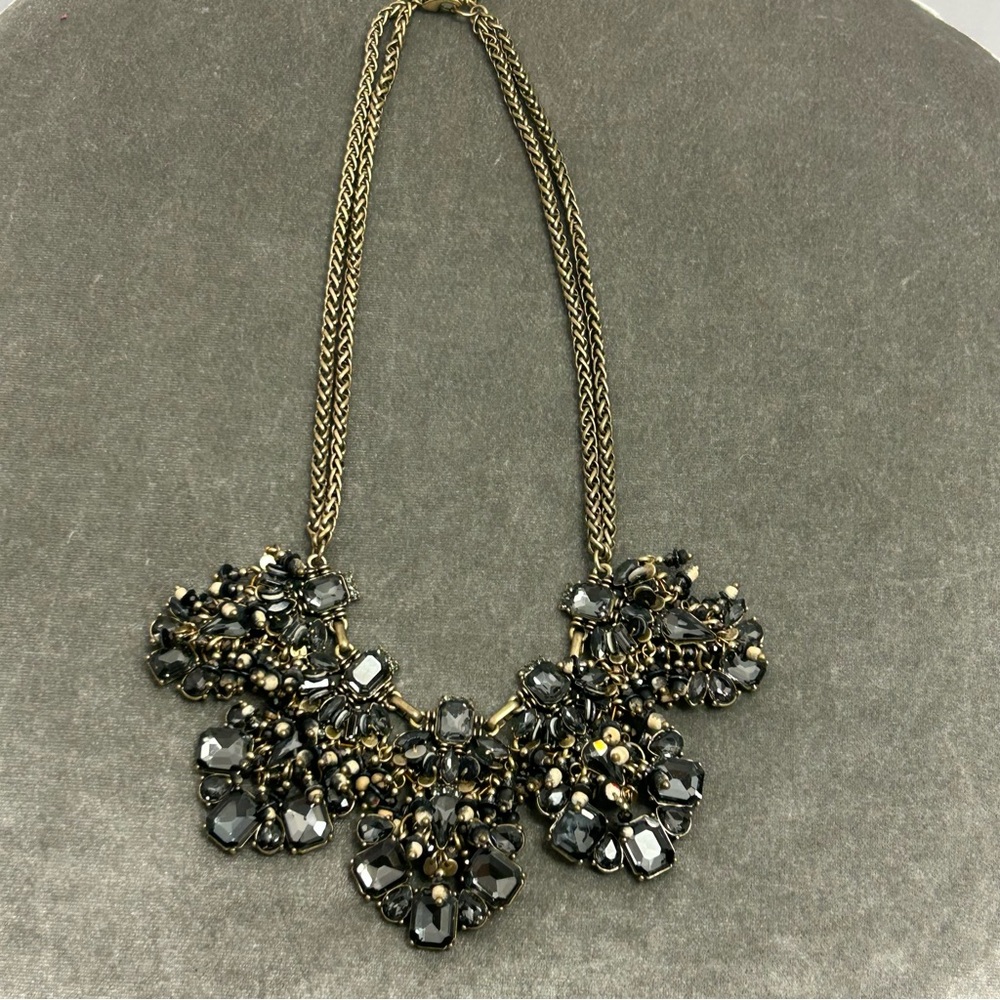 Banana Republic beaded jewel bib necklace gold-tone chain and dark gray stones